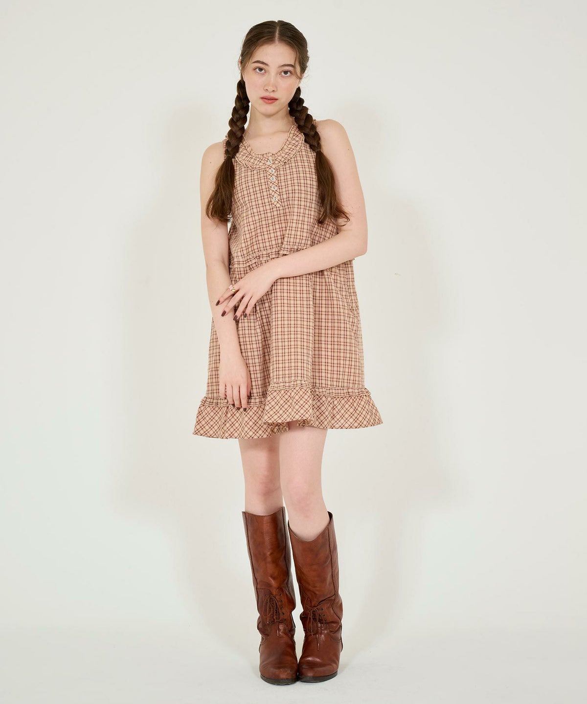ワンピース/チェック柄/ノースリーブ/フリル/レイヤード