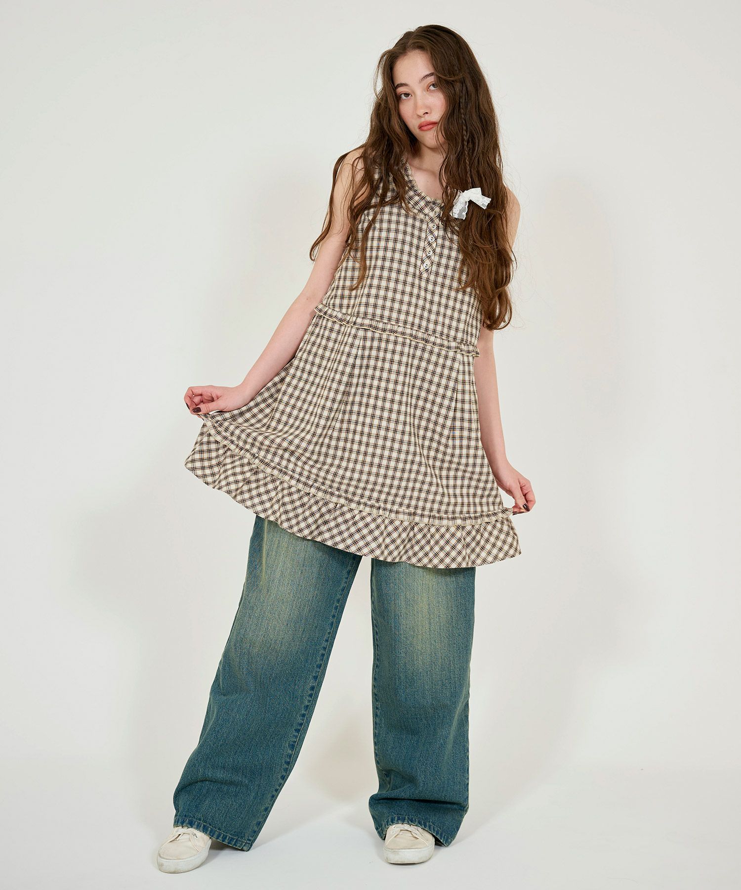 裾フリル ノースリーブチェックワンピース TINA：JOJUN 全2色｜tnj331