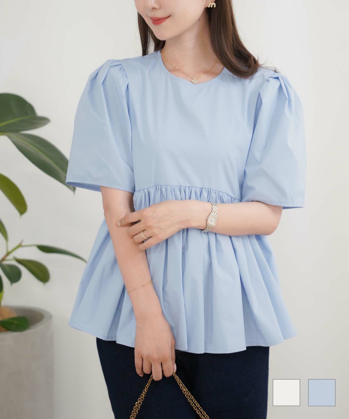 セレクト トップス ブラウス ペプラム ギャザー 半袖 クルーネック 薄手 シンプル オフィススタイル 半袖 ギャザー ペプラム ブラウス le reve vaniller