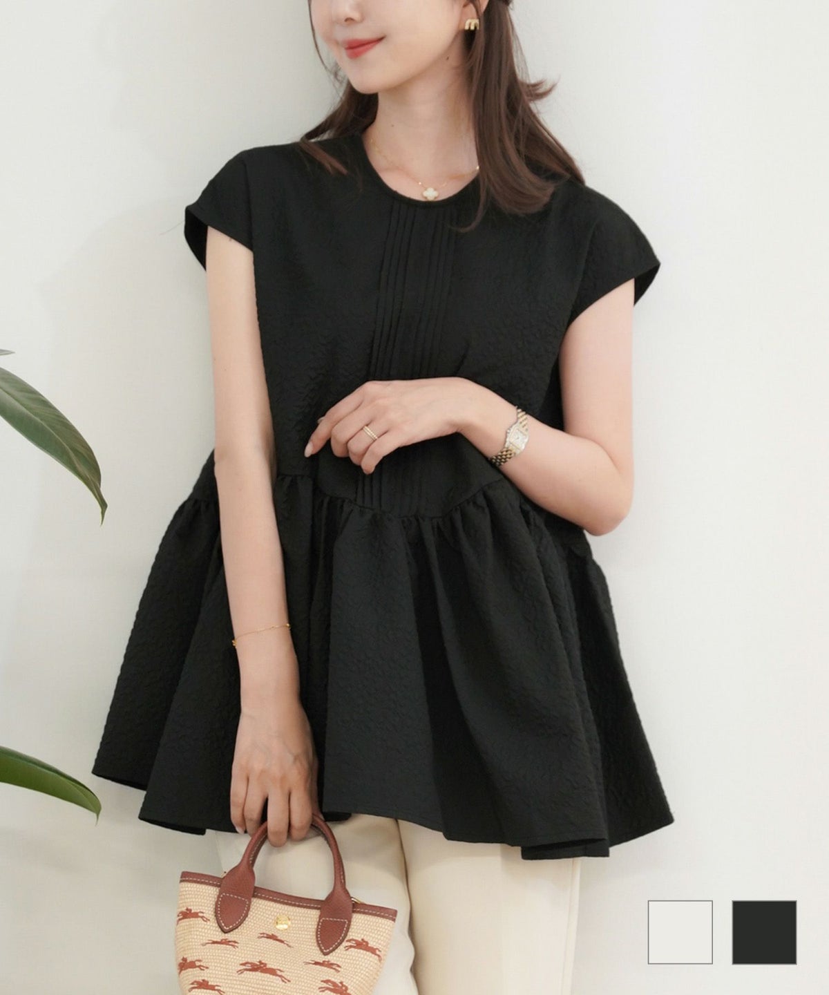 セレクト トップス ブラウス ペプラム フレンチスリーブ ノースリーブ ギャザー クルーネック タック 薄手 フレンチスリーブ ピンタック ブラウス le reve vaniller