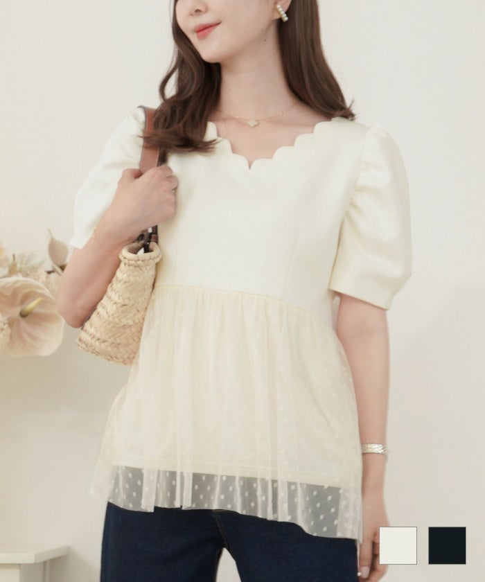 トップス カットソー 異素材 ドット チュール スカラップ 半袖 ペプラム チュールレイヤード スカラップ カットソー le reve vaniller