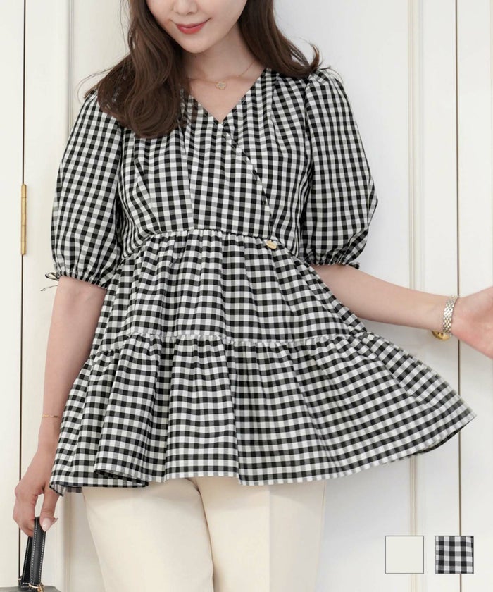 ブラウス ウォッシャブル カシュクール 半袖 リボン ペプラム フリル ティアード ウォッシャブル ティアード リボン ブラウス le reve vaniller