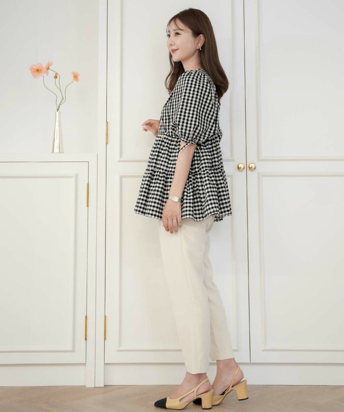 レディース/ウォッシャブル/ブラウス/トップス/布帛/カシュクール/授乳/ママ/半袖/リボン/ギャザー/パフスリーブ/ボリューム/ペプラム/フリル/ティアード/エレガント/カジュアル/フェミニン/オフィスカジュアル/オフィススタイル/春/夏