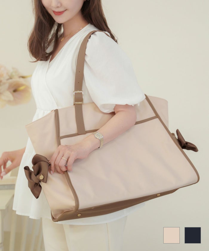 撥水リボンマザーズトートバッグlerevevanillerベージュ/ネイビー