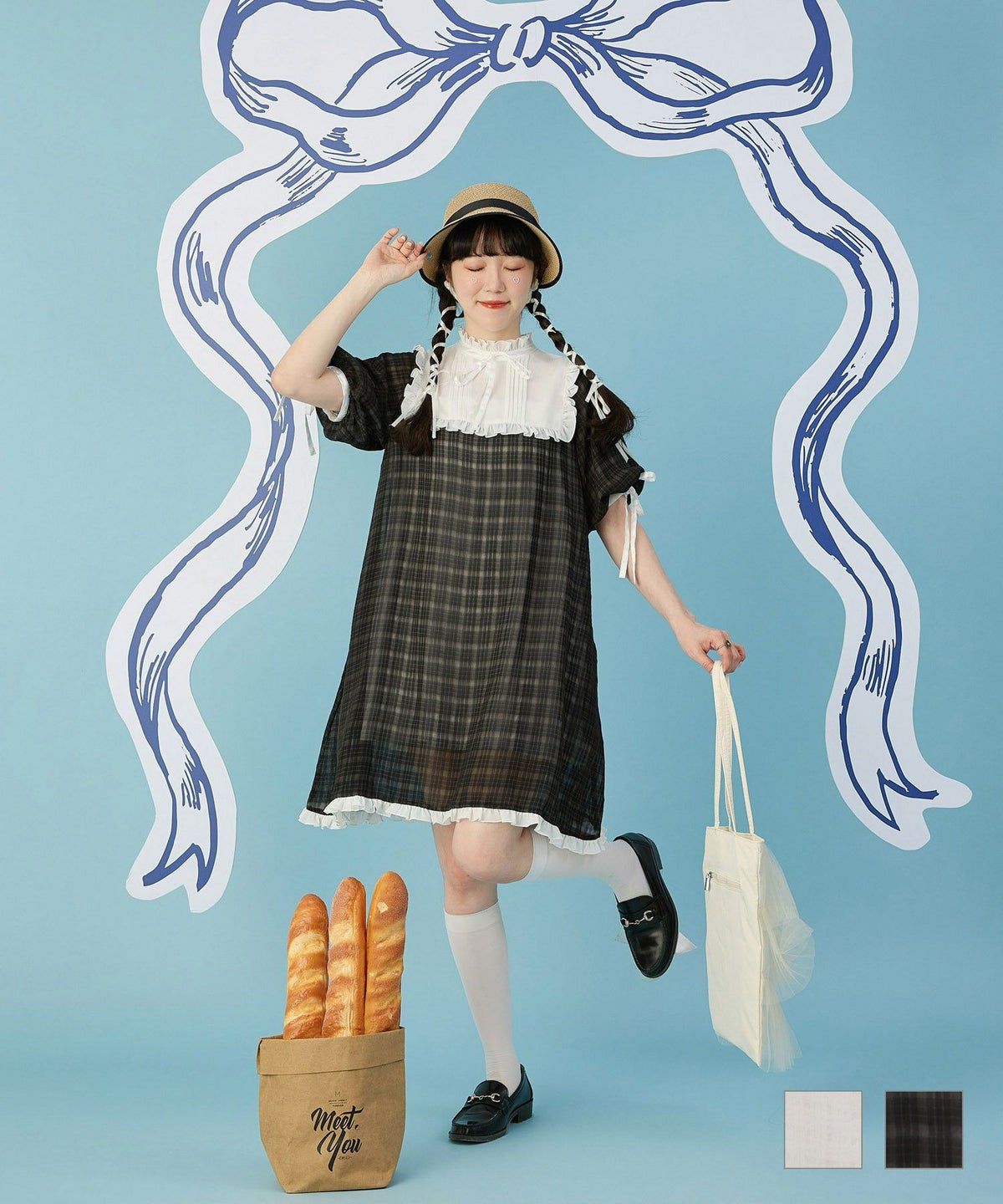 シアー 夏 タック 上品 バルーン袖 リボン 膝丈 ヨーク チェック フリル ワンピース miolite