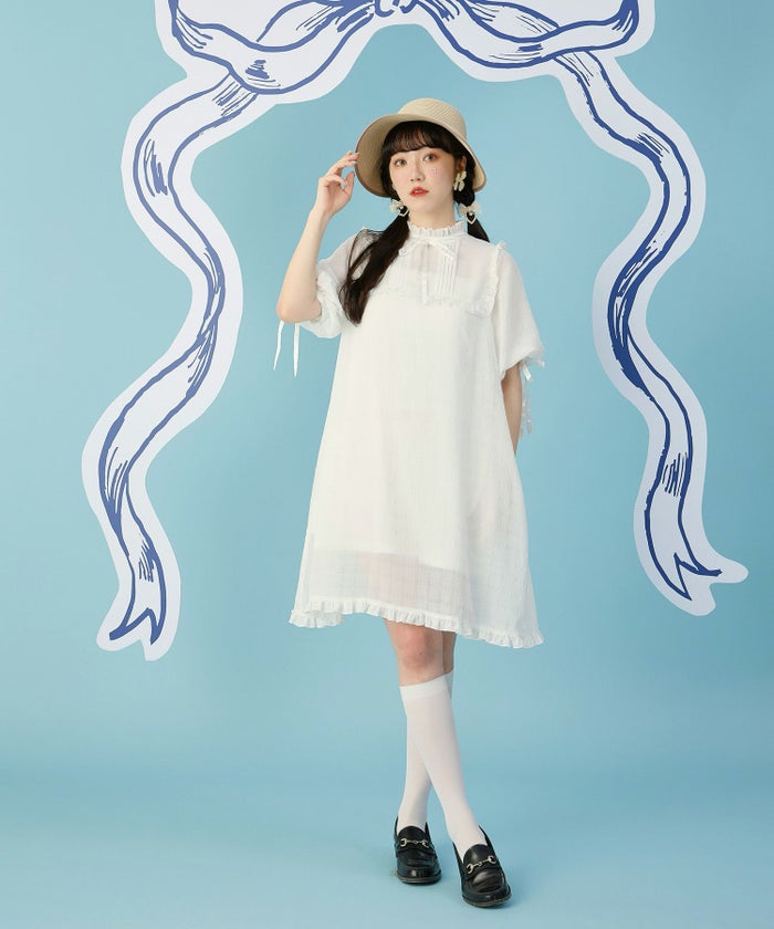 シアー 夏 タック 上品 バルーン袖 リボン 膝丈/ホワイト/ブラック/M