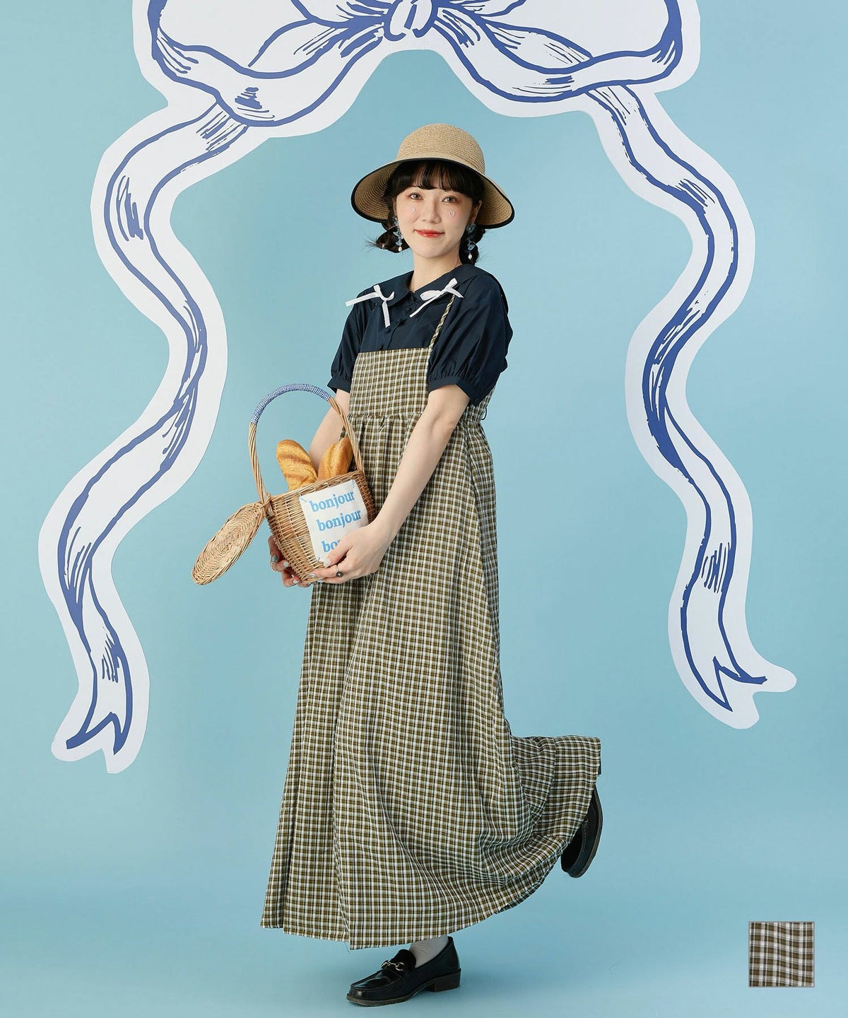 ハイウエスト バックシャン リボン ロング マキシ 春夏 チェック キャミ ワンピ miolite