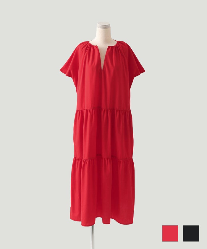 セレクト 夏 フレンチスリーブ シンプル ワンマイル ふんわり ロング マキシ セレクト スキッパー ティアード ワンピース HUIT