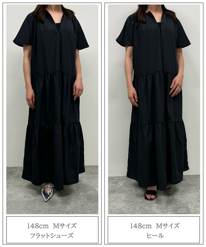 セレクト 夏 フレンチスリーブ シンプル ワンマイル ふんわり ロング マキシ/レッド/ブラック/M