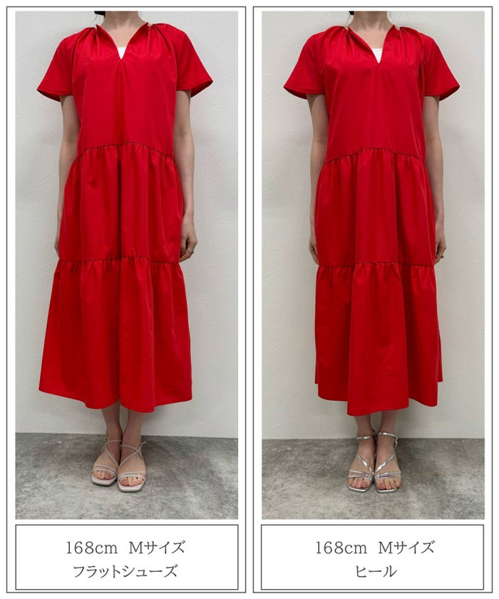セレクト 夏 フレンチスリーブ シンプル ワンマイル ふんわり ロング マキシ/レッド/ブラック/M