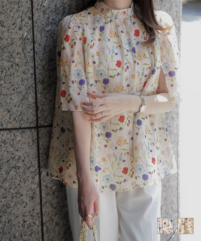 花柄 夏 ボタニカル スタンドカラー スリットスリーブ ブラウス Made with Liberty Fabric HUIT