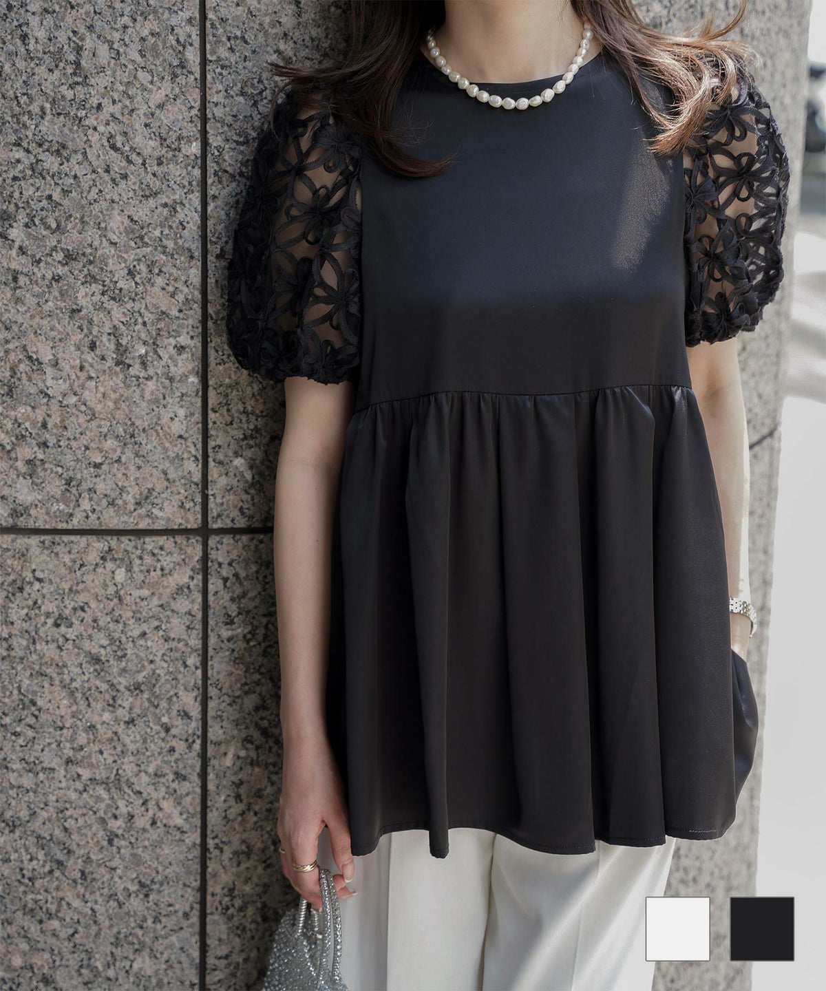 オフィス 夏 シアー バルーンスリーブ 上品 リボン ハイウエスト フラワー チュールスリーブ ブラウス HUIT