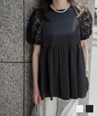 オフィス 夏 シアー バルーンスリーブ 上品 リボン ハイウエスト フラワー チュールスリーブ ブラウス HUIT