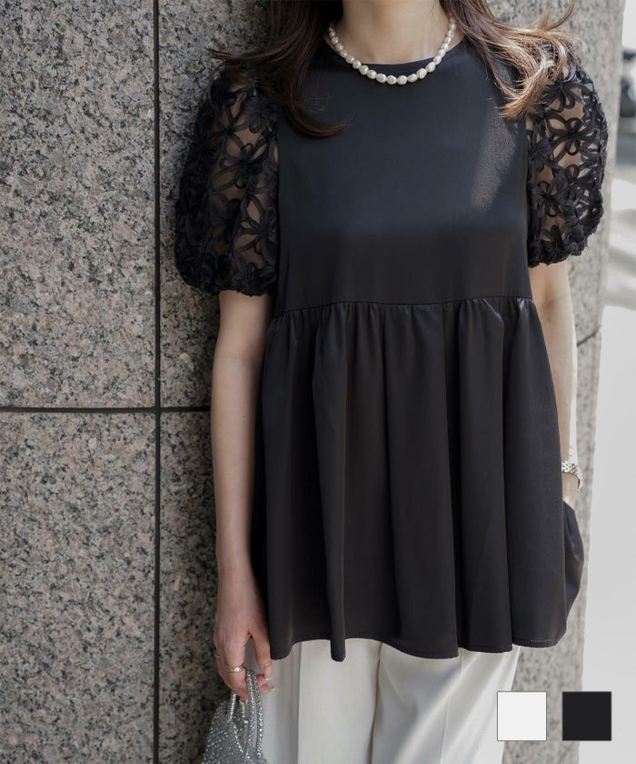 オフィス 夏 シアー バルーンスリーブ 上品 リボン ハイウエスト フラワー チュールスリーブ ブラウス HUIT