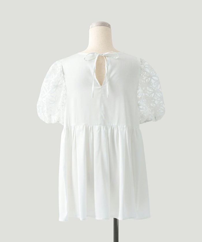 オフィス 夏 シアー バルーンスリーブ 上品 リボン ハイウエスト/ホワイト/ブラック/M