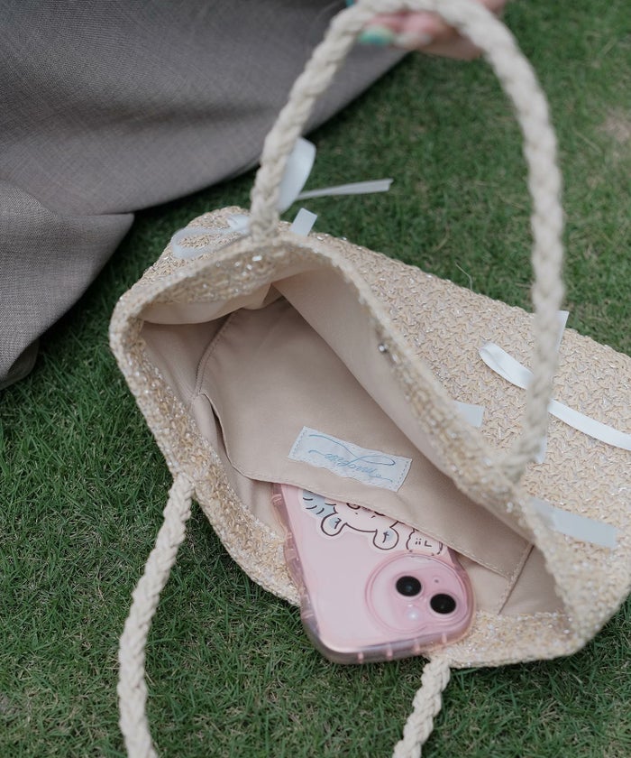 かごバッグ 夏 ラメ リゾート ポケット /ホワイト/ブルー/フリー