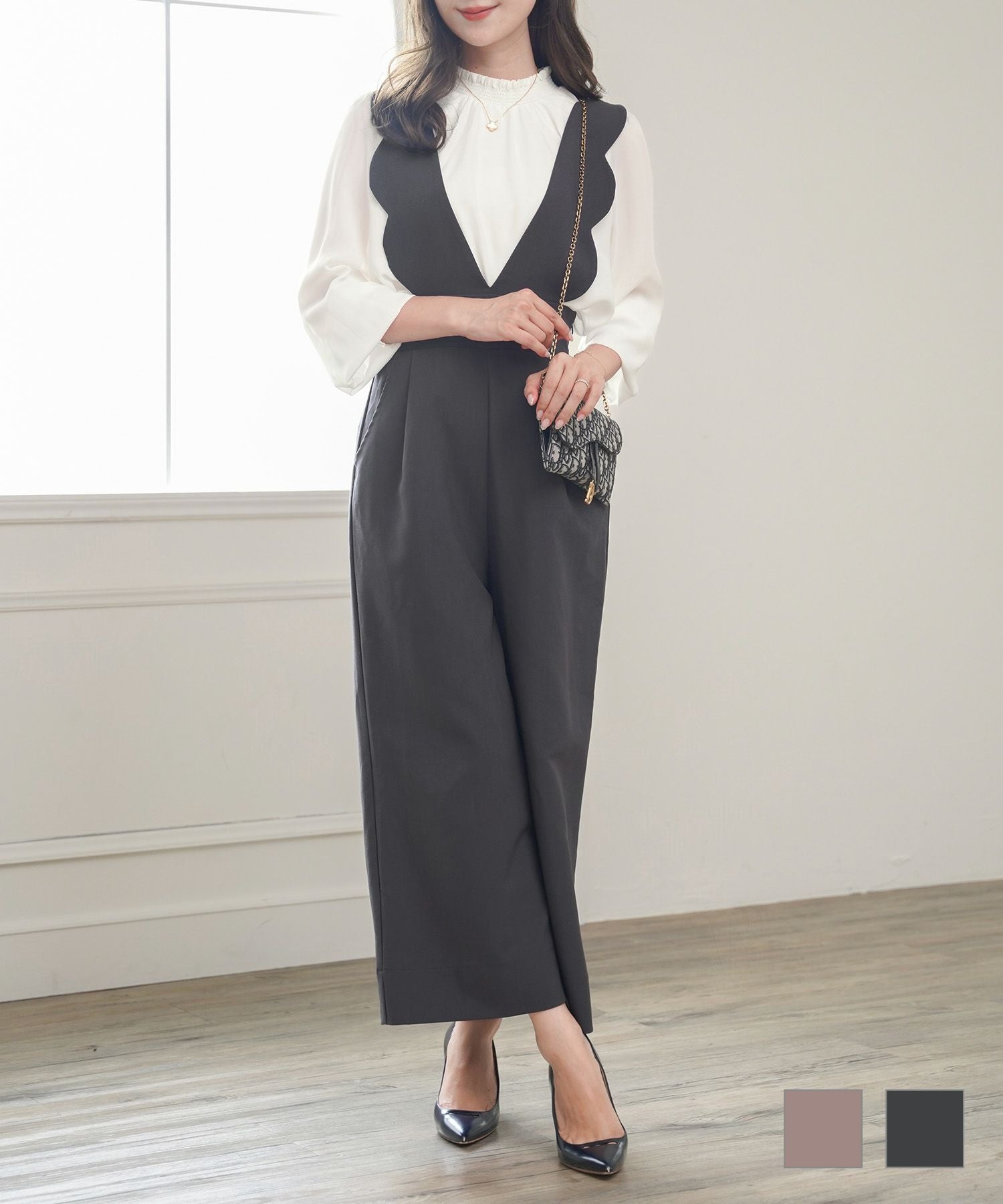 ハイウエスト スカラップ サロペット le reve vaniller 全2色 ｜lvn721