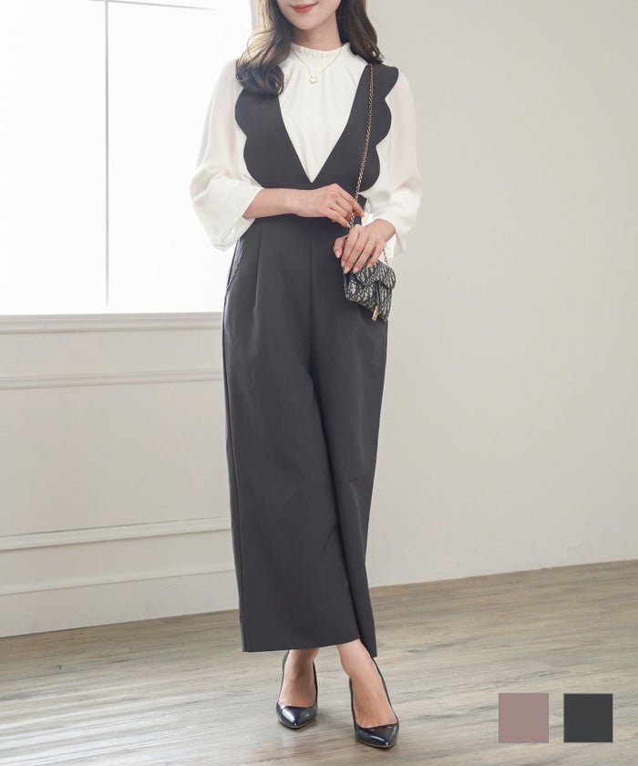 サロペット スカラップ ウエストゴム ファスナー ワイドパンツ 体型カバー オフィスカジュアル ハイウエスト スカラップ サロペット le reve vaniller