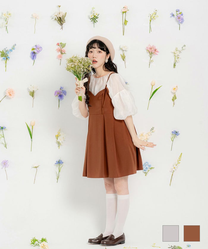 アシンメトリー ミニ丈 ハイウエスト タック アシメ リボン ワンピース miolite