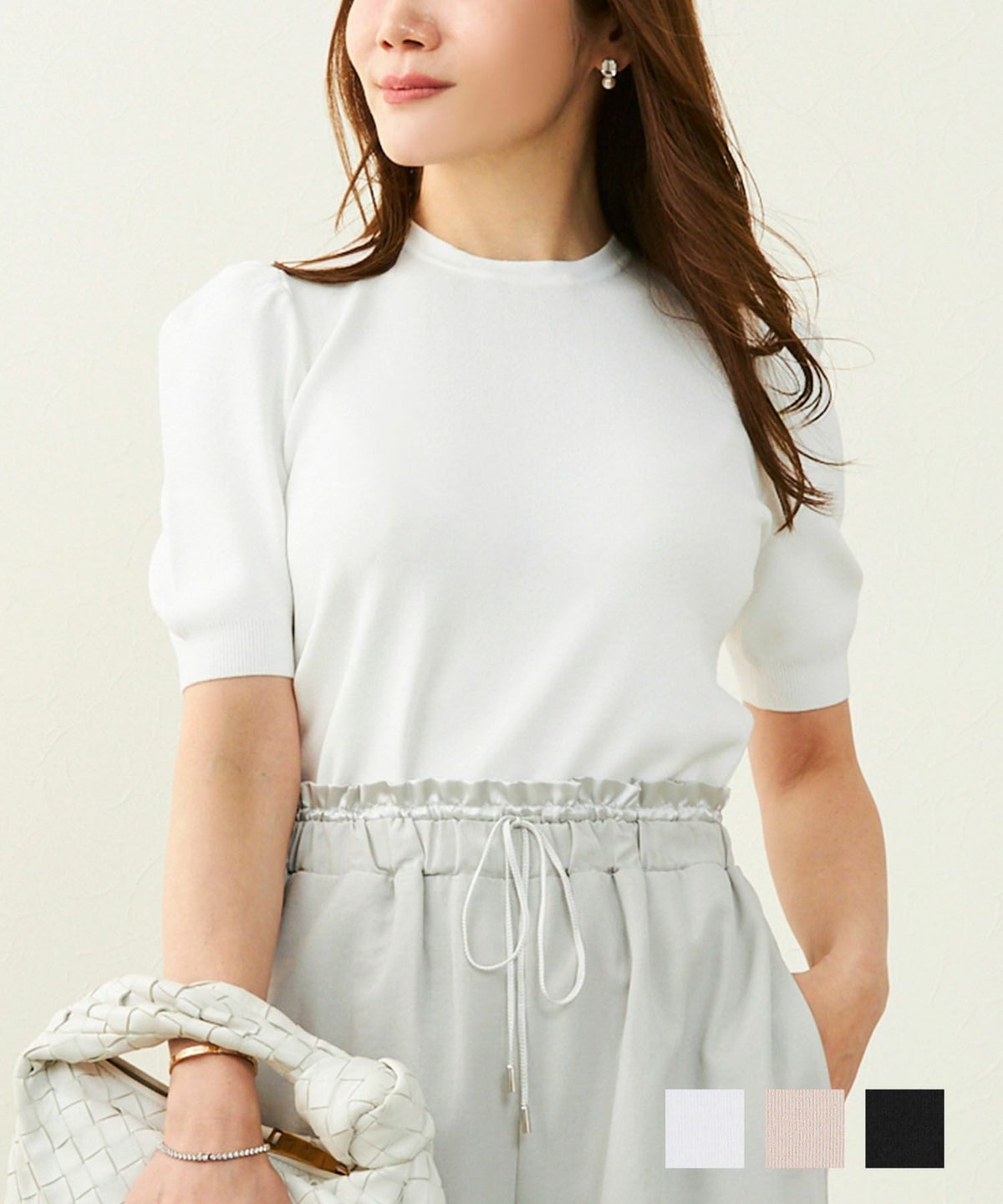 手洗い可 サマーニット トップス レディース パフスリーブ 白黒 パール 大人 かわいい きれいめ ジョイントスペース パフスリーブ バックパール ニット 半袖 Liala×PG