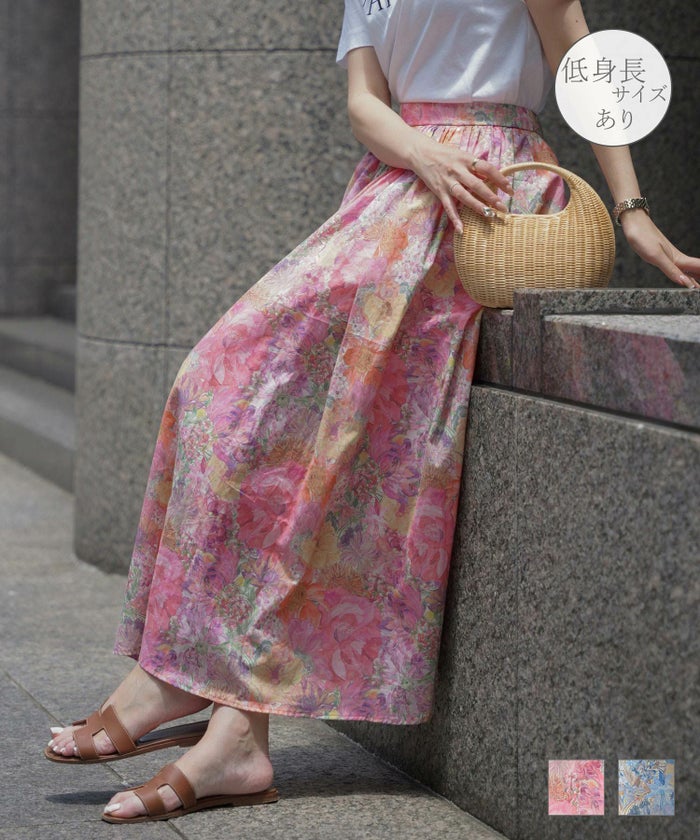 花柄 プリント フラワー 夏 ウエストゴム ロング ギャザー フレアスカート Made with Liberty Fabric HUIT