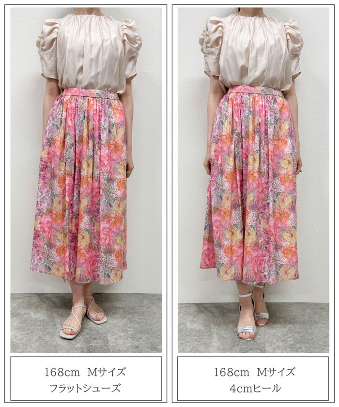 花柄 プリント フラワー 夏 ウエストゴム ロング/ピンク/ブルー/S/M