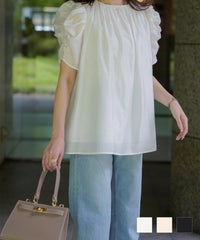 パフスリーブ タック 夏 オフィスカジュアル 半袖 ボリュームスリーブ ギャザーネック ブラウス HUIT