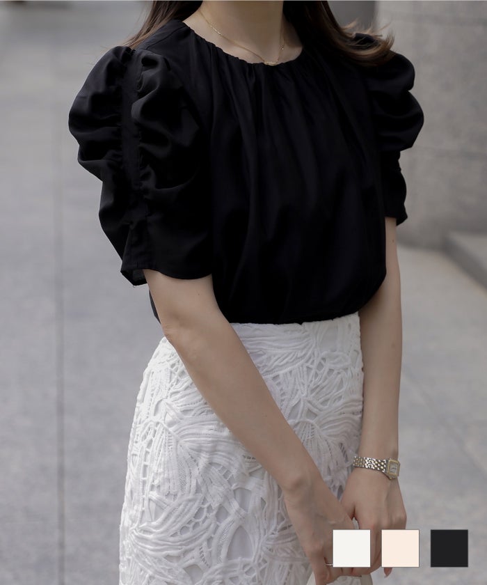 パフスリーブ タック 夏 オフィスカジュアル 半袖 ボリュームスリーブ ギャザーネック ブラウス HUIT