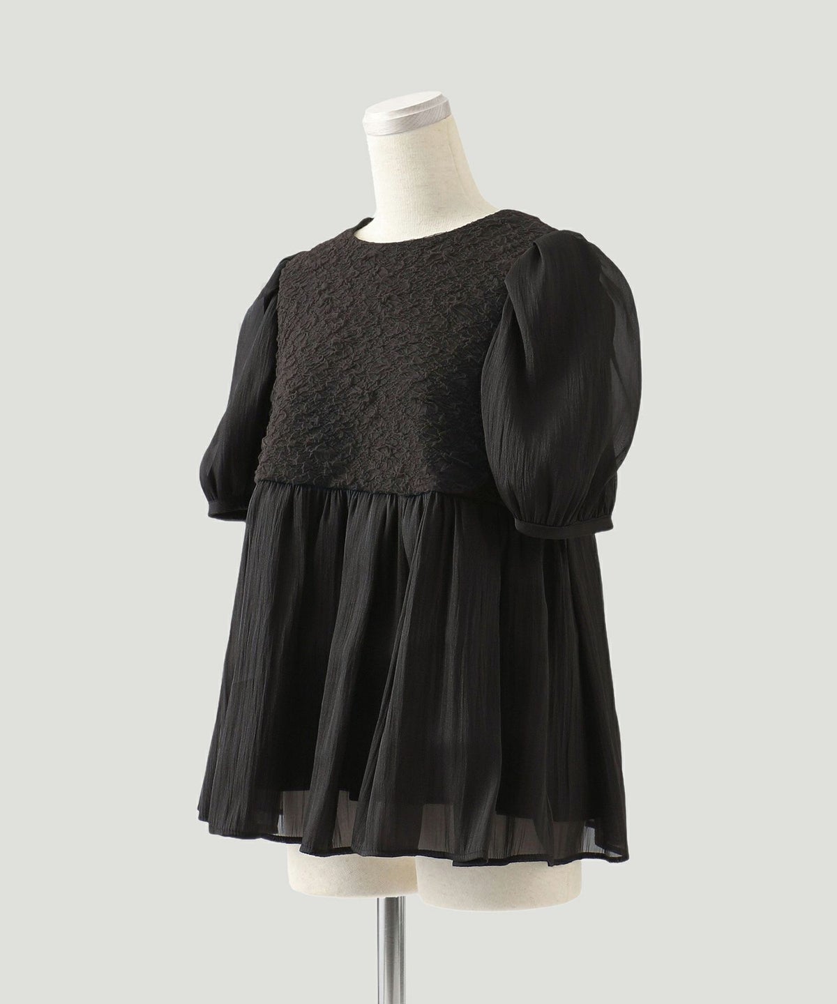 オーガンジー フェミニン ペプラム シアー パフスリーブ 半袖/ホワイト/ブラック/M