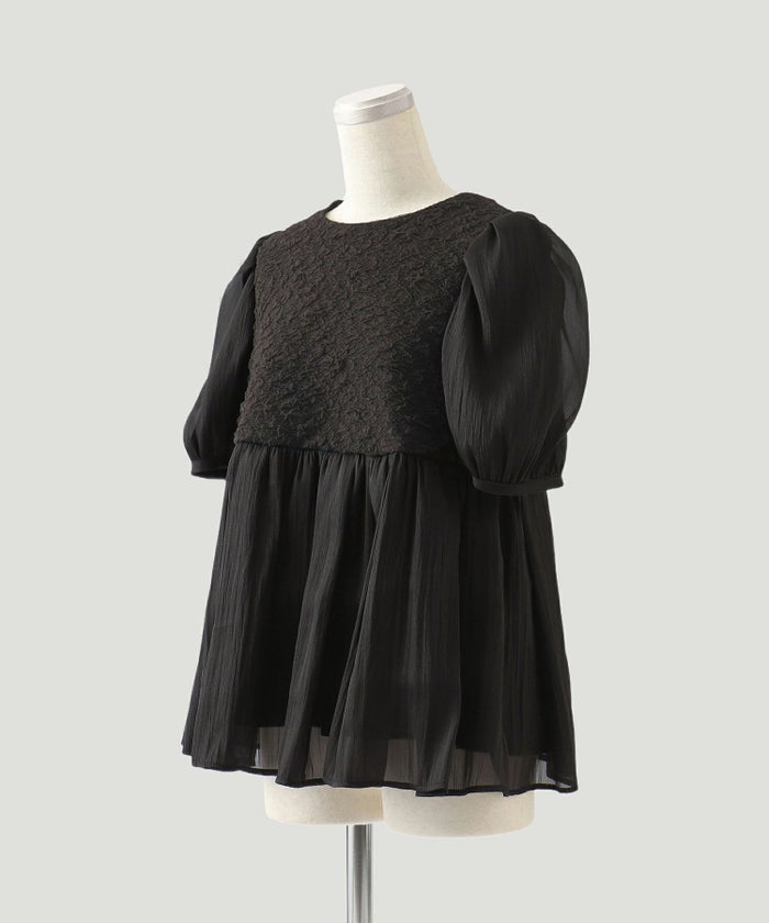 オーガンジー フェミニン ペプラム シアー パフスリーブ 半袖/ホワイト/ブラック/M