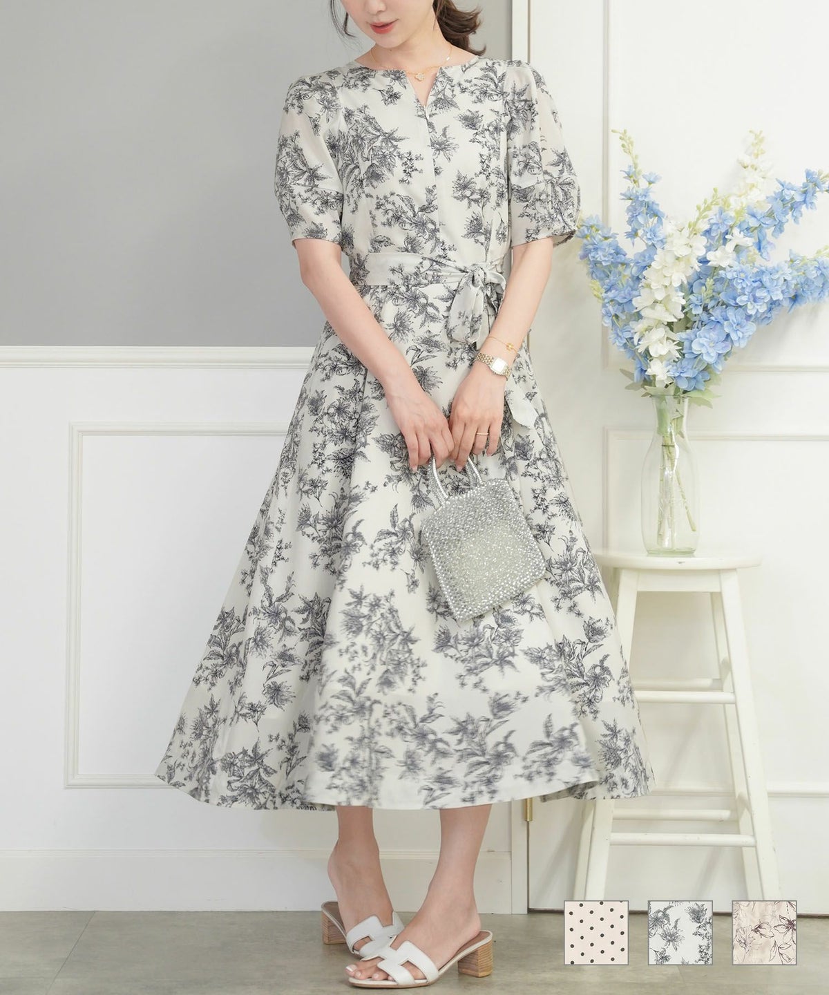 ワンピース 授乳 ママ 旅行 普段着 リボン ランタンスリーブ 半袖 5分袖 ロング 花柄 ドット フロントファスナー アソートパターン ワンピース le reve vaniller