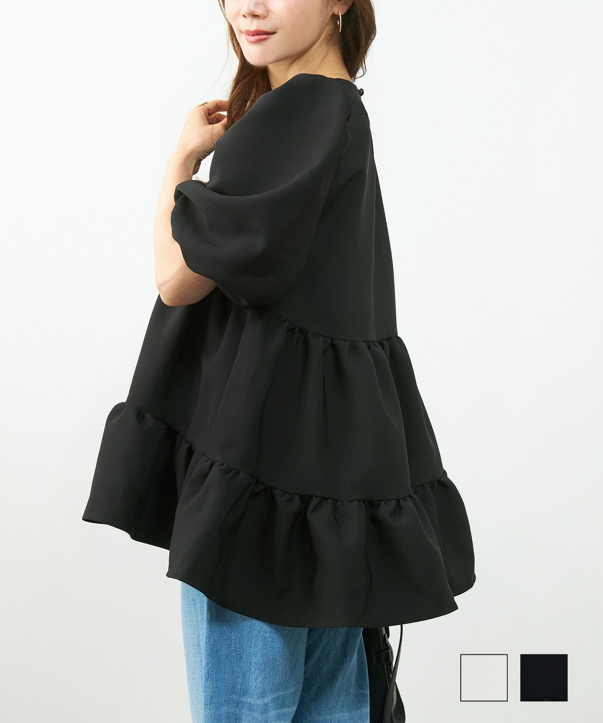 手洗い可 ブラウス トップス レディース 半袖 白黒 かわいい オフィス 大人 きれいめ 夏 ジョイントスペース ティアードヘム パフスリーブ ブラウス 5分袖 Liala×PG