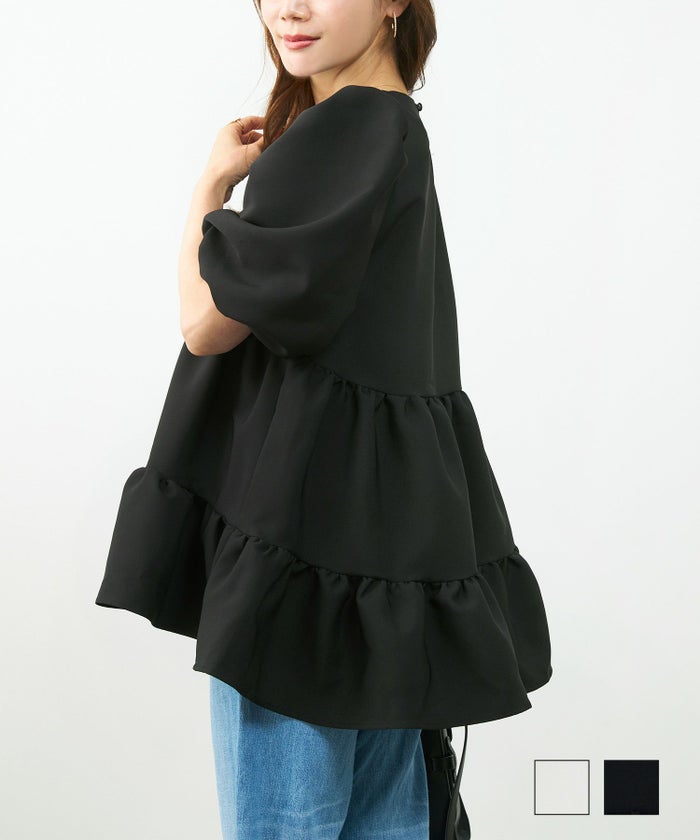 手洗い可 ブラウス トップス レディース 半袖 白黒 かわいい オフィス 大人 きれいめ 夏 ジョイントスペース ティアードヘム パフスリーブ ブラウス 5分袖 Liala×PG