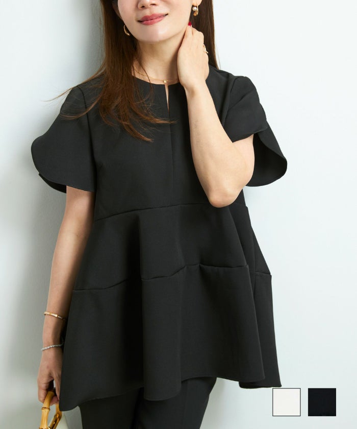 手洗い可 ブラウス レディース おしゃれ オフィス 白黒 半袖 かわいい 春夏 インしない 薄手 襟なし ジョイントスペース チューリップ スリーブ ブラウス 半袖 Liala×PG