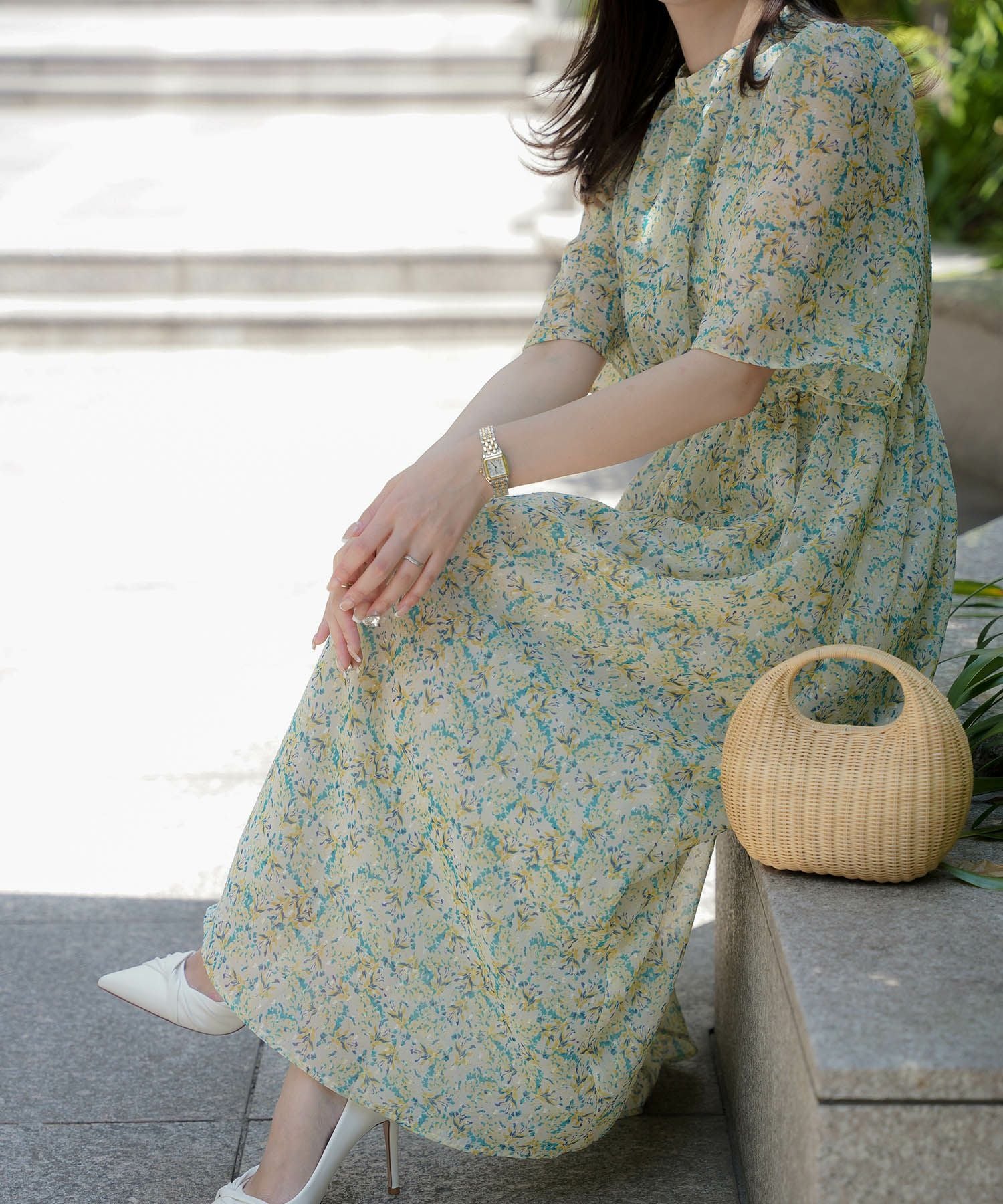 水彩柄 シフォン カットドビー ワンピース HUIT 全2色｜hit331-0166【1