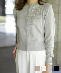 フラワーモチーフニットカーディガンHUITピンクゴールド/ホワイト/ライトグレー/ブラック