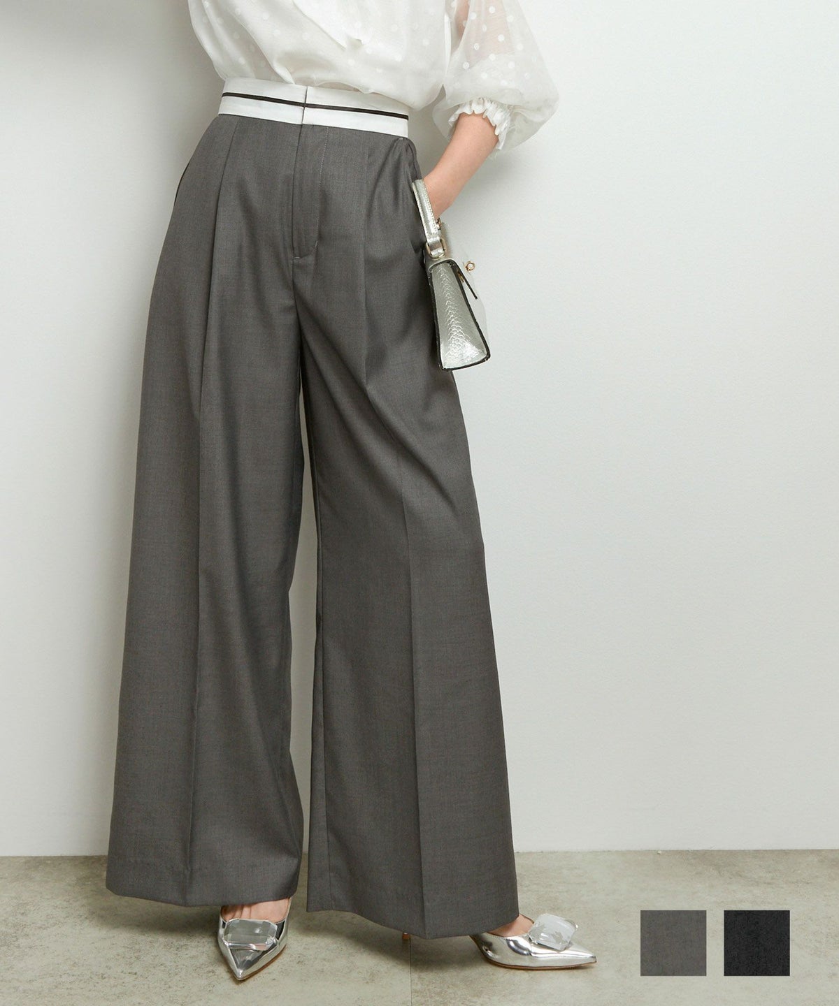 手洗い可 ワイドパンツ レディース きれいめ 黒 ウエストゴム エレガント おしゃれ 大人 テロテロ ジョイントスペース バイカラーパイピングウエスト センタープレス パンツ Liala×PG