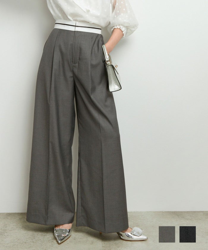 手洗い可 ワイドパンツ レディース きれいめ 黒 ウエストゴム エレガント おしゃれ 大人 テロテロ ジョイントスペース バイカラーパイピングウエスト センタープレス パンツ Liala×PG