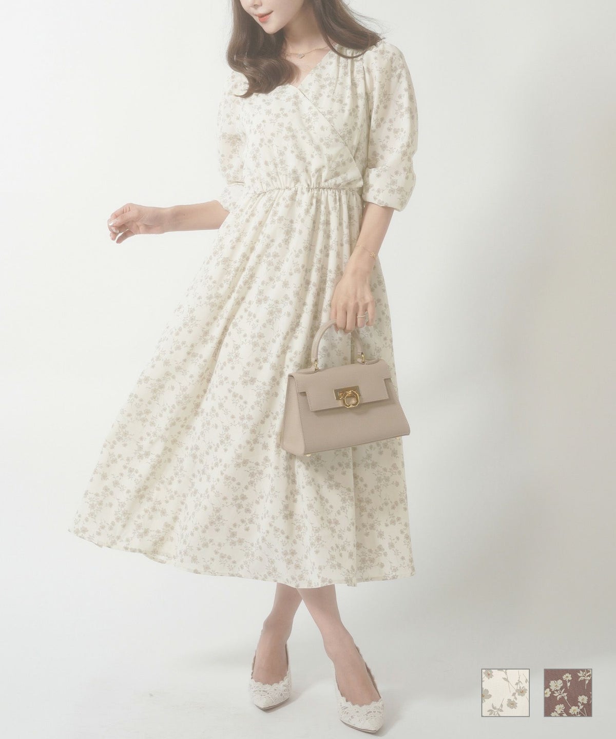 ワンピース カシュクール 長袖 花柄 前あき ママ 袖口ゴム カシュクール ウエストリボン 小花柄 ワンピース le reve vaniller