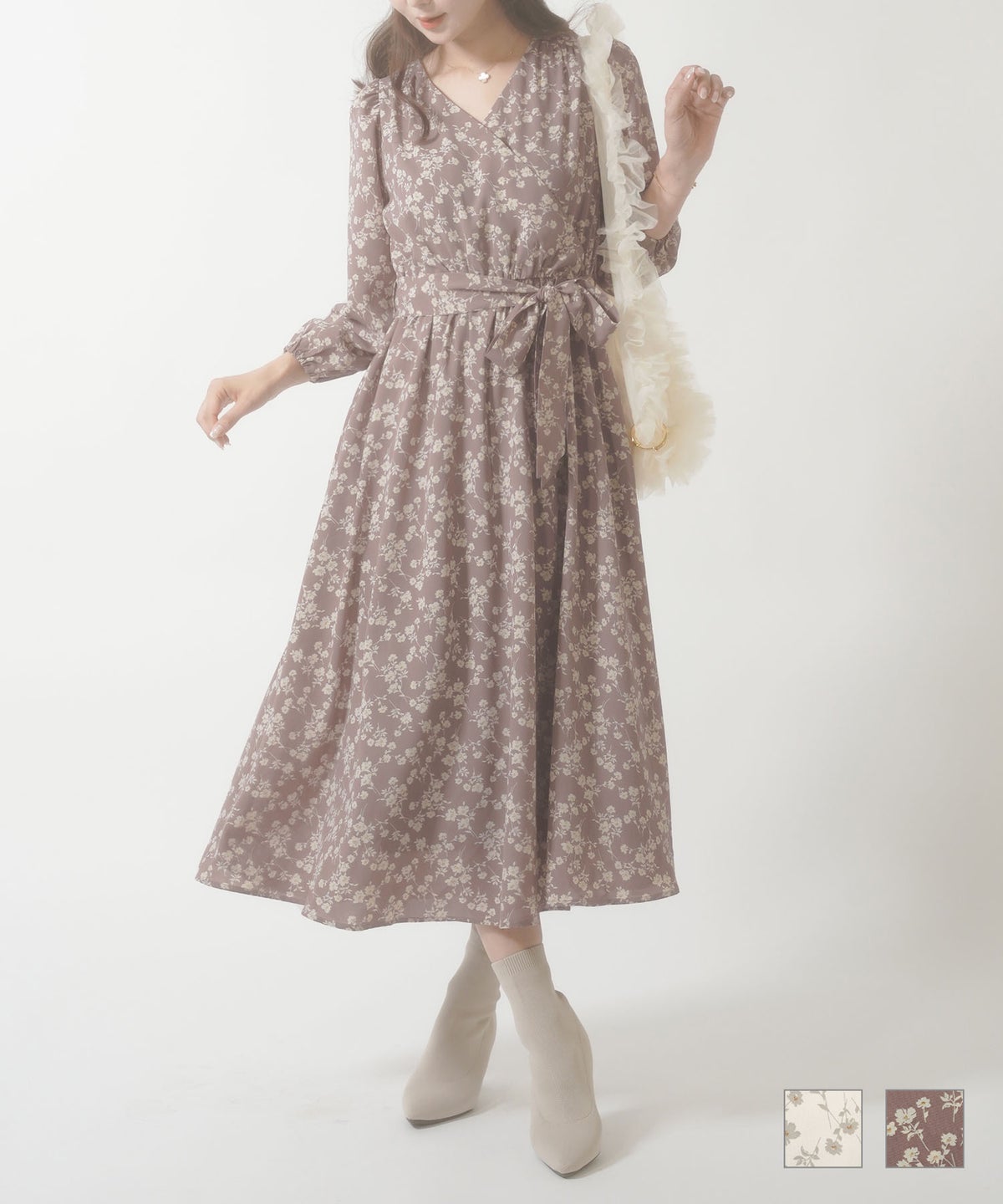 ワンピース カシュクール 長袖 花柄 前あき ママ 袖口ゴム カシュクール ウエストリボン 小花柄 ワンピース le reve vaniller