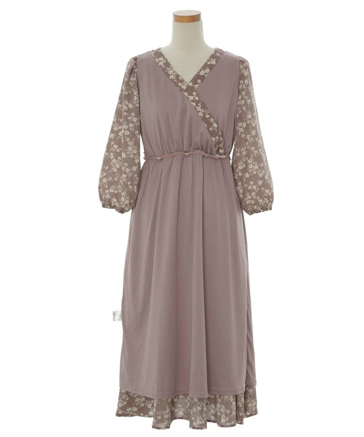 レディース/ワンピース/カシュクール/スナップボタン/レトロ/単色/長袖/花柄/ウエストゴム/リボン/ウエストリボン/バックリボン/ハイウエスト/前あき/ママ/授乳OK/産後服/袖口ゴム/アイボリー/ピンク/モーヴ/くすみピンク/上品/エレガント/フェミニン