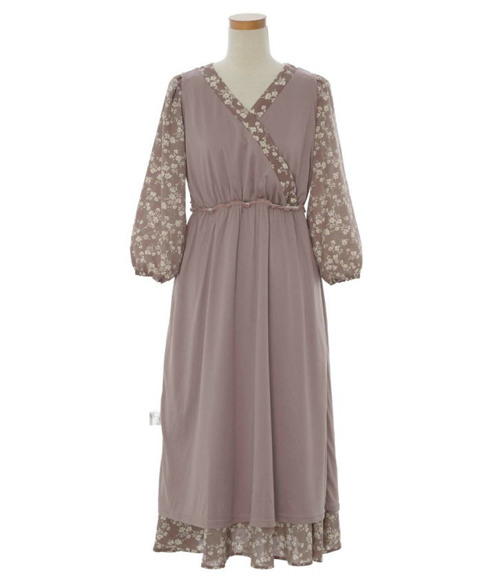 レディース/ワンピース/カシュクール/スナップボタン/レトロ/単色/長袖/花柄/ウエストゴム/リボン/ウエストリボン/バックリボン/ハイウエスト/前あき/ママ/授乳OK/産後服/袖口ゴム/アイボリー/ピンク/モーヴ/くすみピンク/上品/エレガント/フェミニン