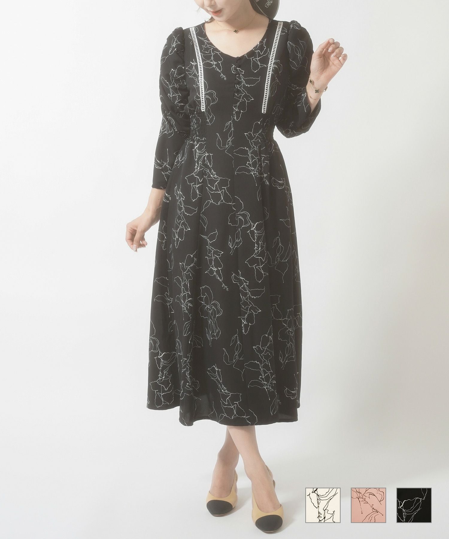 スタイルアップ ドローイング 花柄 ワンピース le reve vaniller 全3色