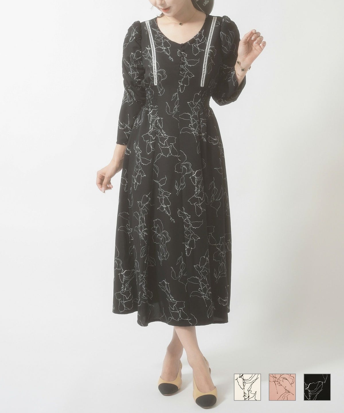 スタイルアップ ドローイング 花柄 ワンピース, ワンピース, le reve vaniller, 30代、40代、ママ, 休日、お出かけ、デート スタイルアップ ドローイング 花柄 ワンピース le reve vaniller