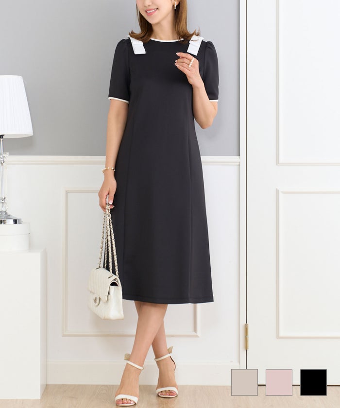 ワンピース リボン レディース ファッション かわいい 大人 オフィス ピンク 黒 半袖 春夏 ジョイントスペース 2way ショルダーリボン付(取り外し可) バイカラー ワンピース 半袖 Prima Scherrer