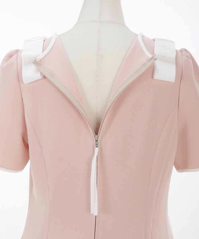 ワンピースリボンレディースファッションかわいい大人オフィスピンク黒半袖春夏ジョイントスペース