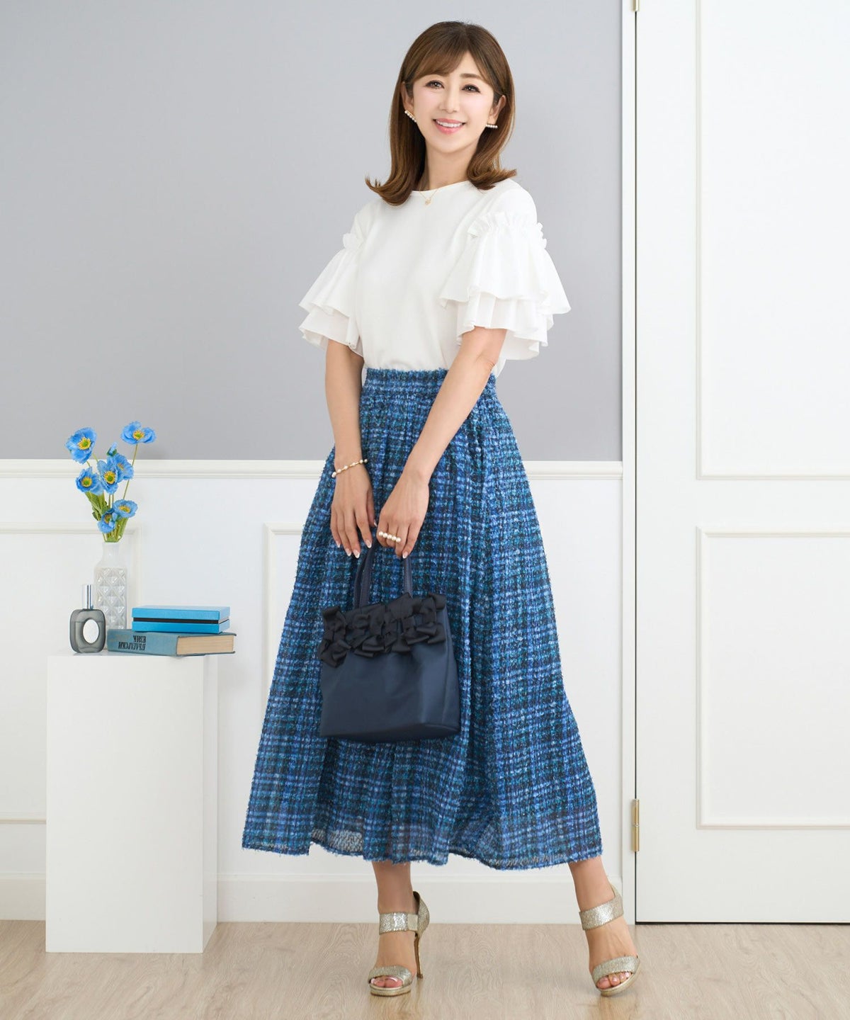 セレクトスカートシアーロングチェックプリント柄大人かわいいオフィスフレア春夏秋ウエストゴムジョイントスペース