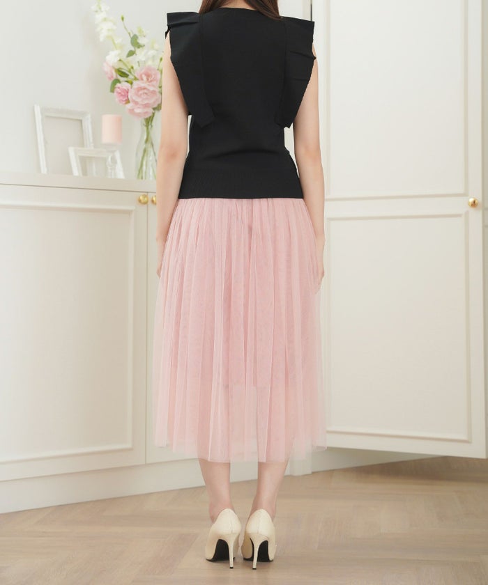 セレクトニットトップスフリル春夏黒ブルーオフィス大人きれいめかわいいレディースジョイントスペース