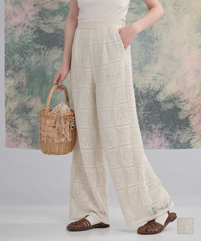 上品 レース リゾート 透け感 アイボリー M ブロックレース ストレート パンツ miolite