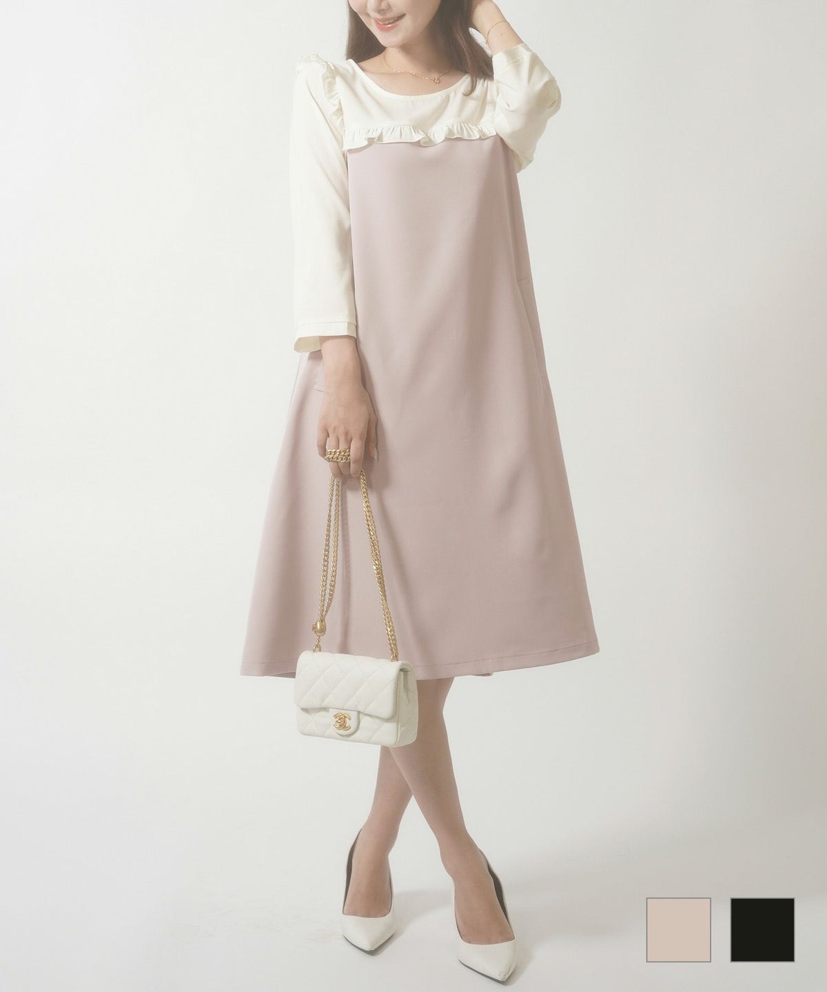 ワンピース バイカラー フリル 配色 長袖 膝下丈 フレア Aライン バイカラー ヨーク フリル ワンピース le reve vaniller